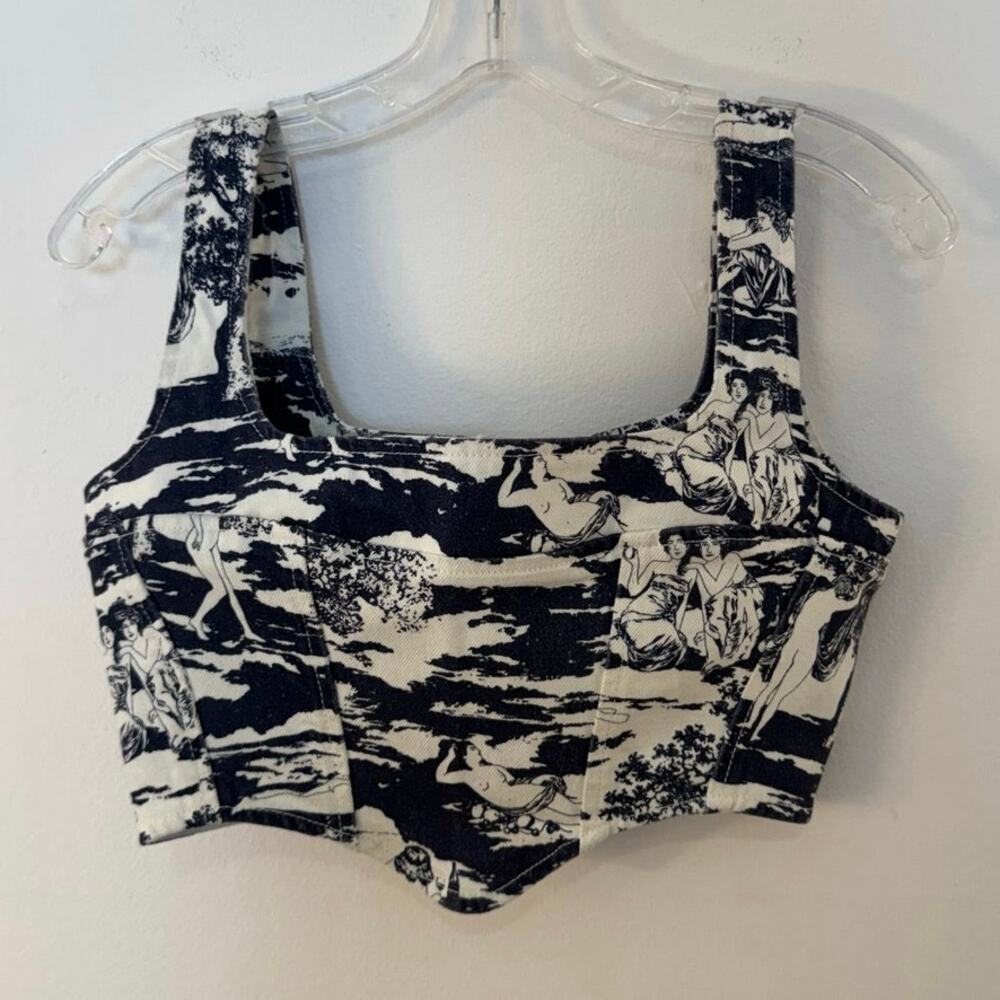 Reformation Raya Naked Lunch Denim Bustier Top 2 Blue White Corset Chic Cotton